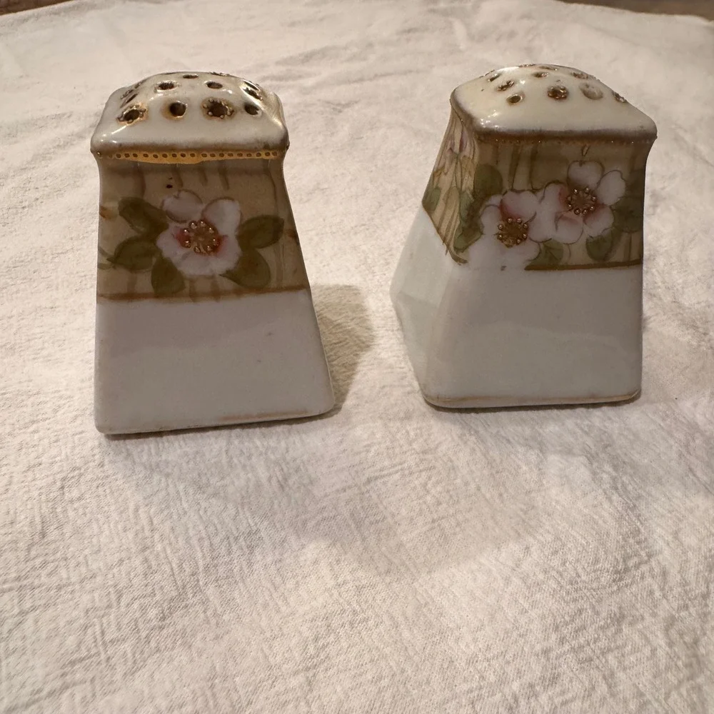 Vintage Nippon Hand Painted Floral Porcelain Salt and‎ Pepper Shakers Gold Trim